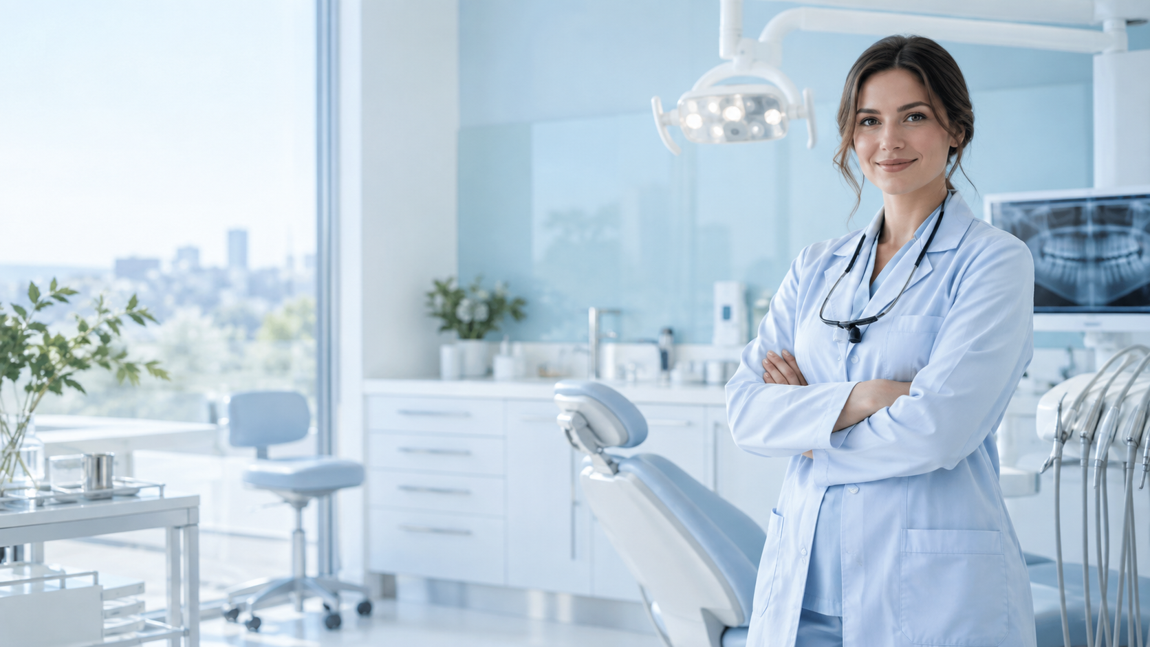 Fictional Aurora Dental clinician in a light clinic